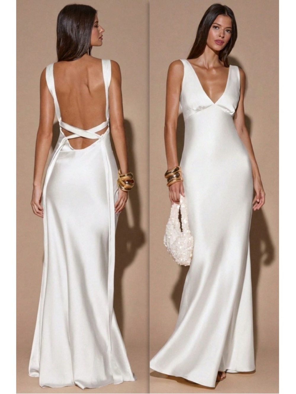 White Satin Maxi Dress Criss Cross Back Ties